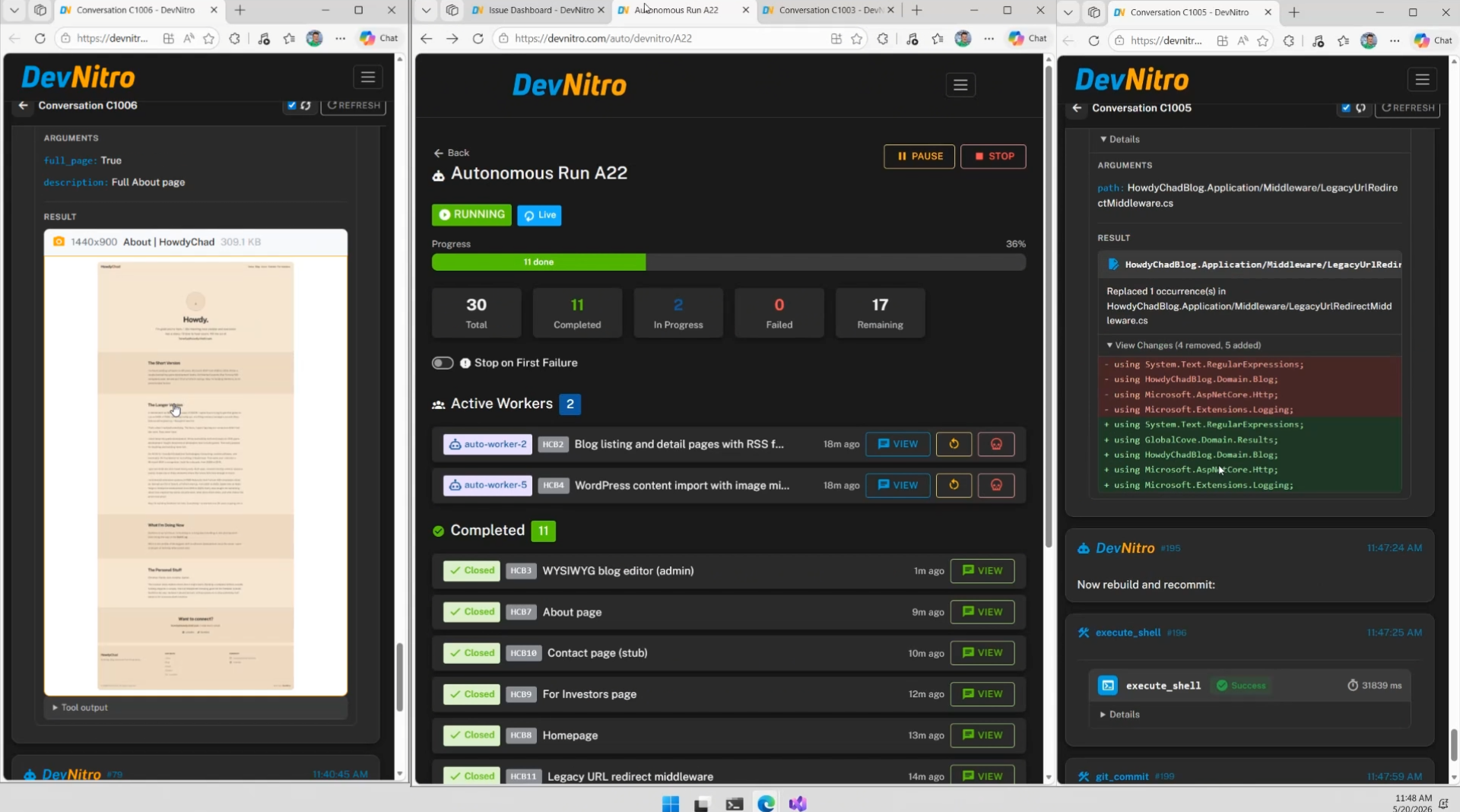 DevNitro autonomous run in progress with parallel workers and live agent panels