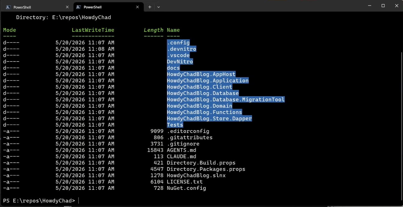 Terminal listing of the generated .NET solution tree after a blueprint is applied