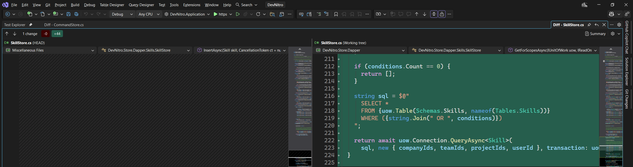 Generated solution opened in the IDE beside a diff of AI-written code following house conventions