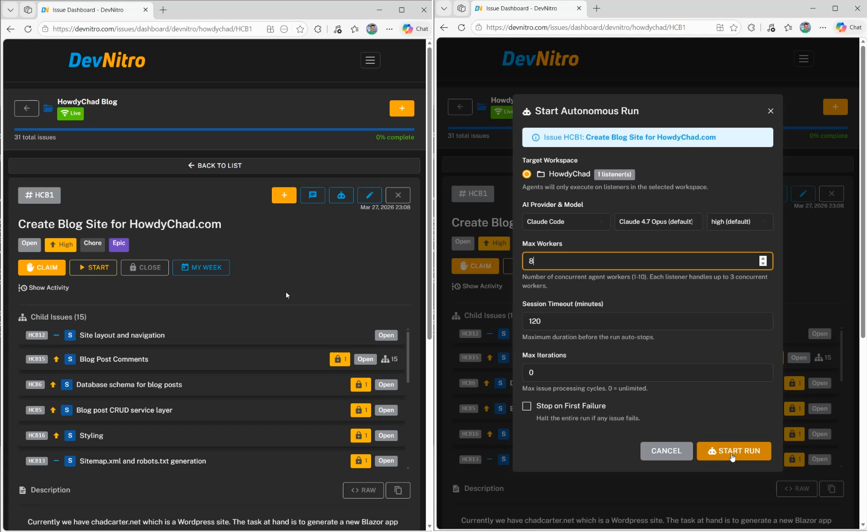 Issue board and epic tree with an autonomous run being launched from a parent issue