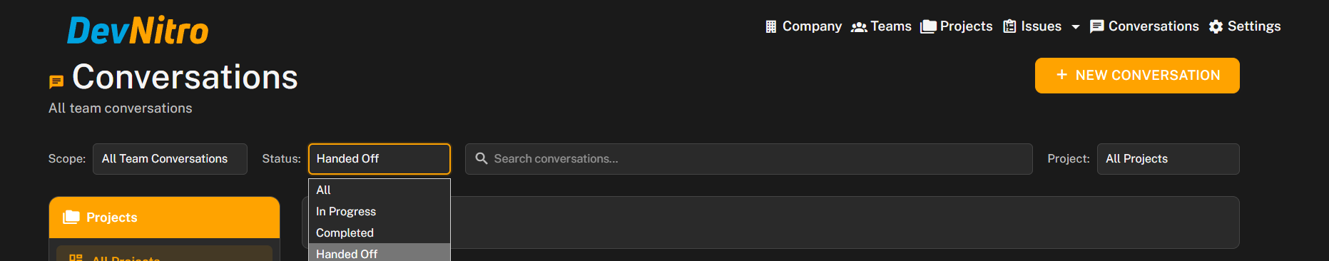 A saved conversation reopened by another team member showing the full prior thread and context search