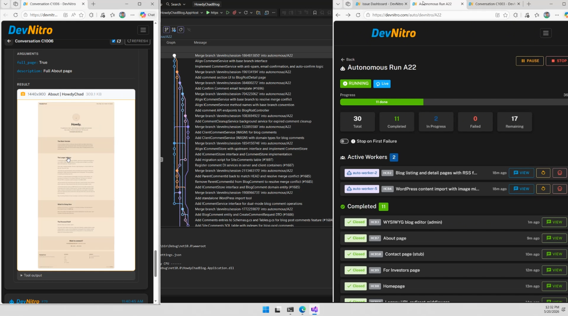 Visual verification moment with a screenshot of the built app beside its written check and the git graph of worktrees merging
